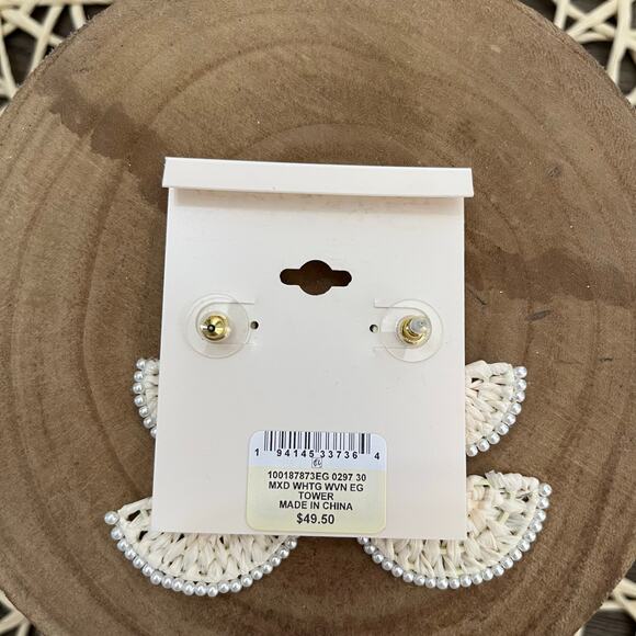 ON 34th Off White Stone Beading Boho Woven Raffia Drop Earrings - Picture 5 of 5